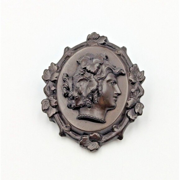 Antique Victorian Vulcanite Cameo Female Profile Mourning Brooch Pin